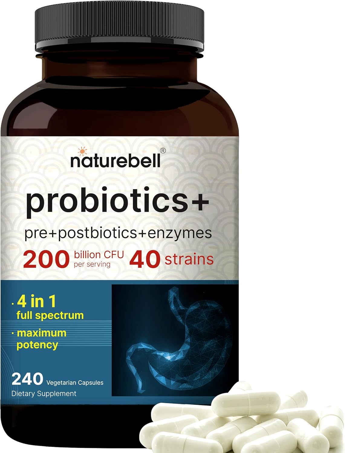 NatureBell Probiotics 200 Billion CFU Per Serving 240 Veggie Capsules