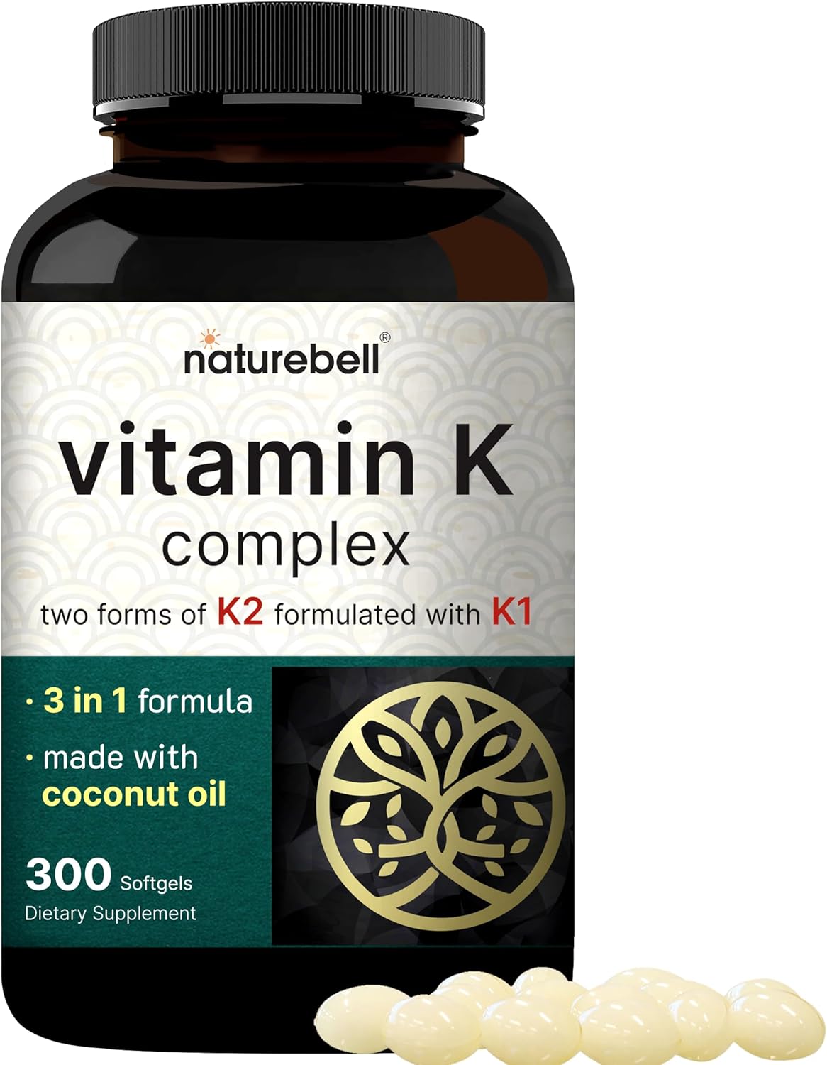 NatureBell Vitamin K Complex K1 + K2 (MK-7 & MK-4) 2,600mcg Per Serving 300 Coconut Oil Softgels
