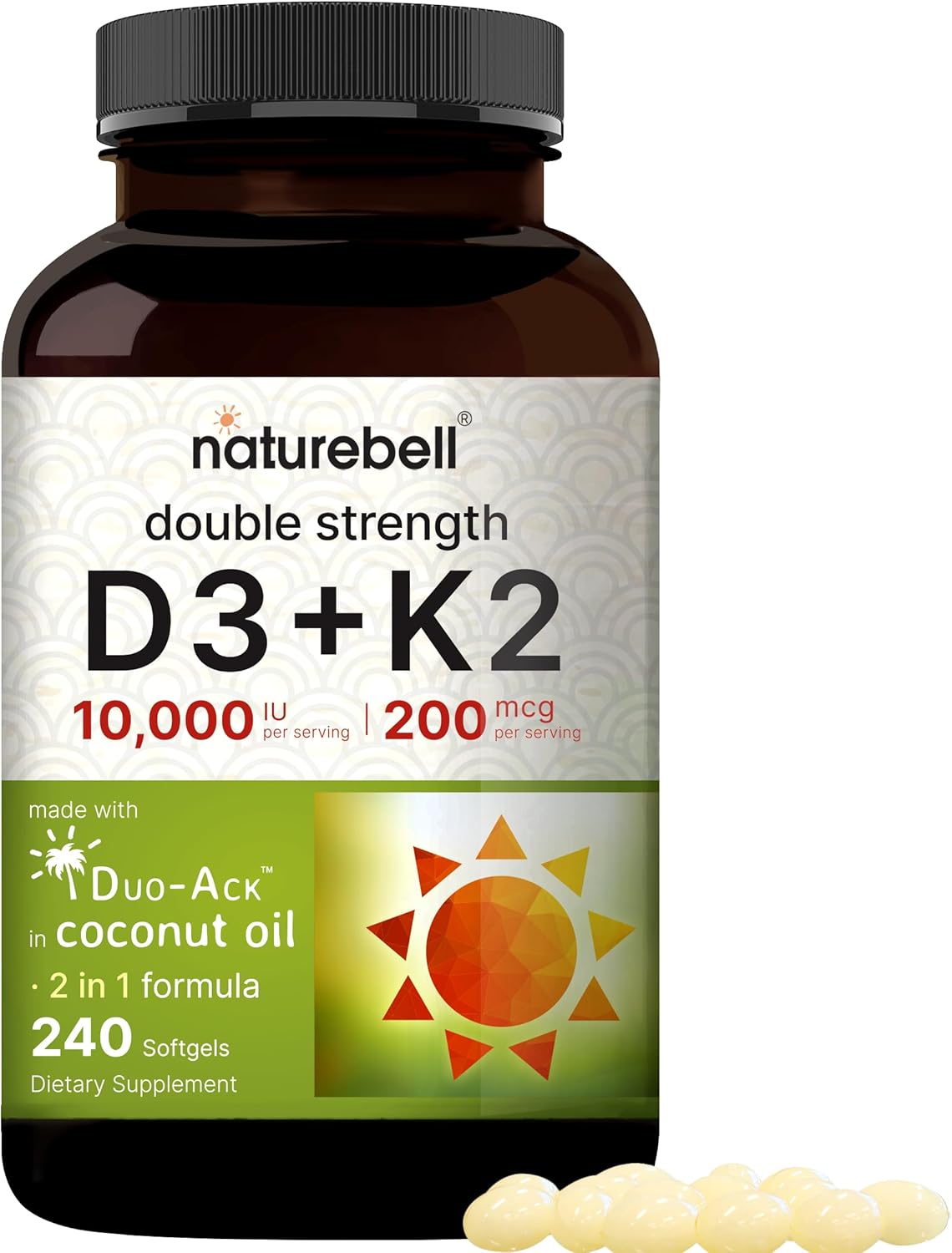 NatureBell Vitamin D3 K2 (10,000 IU Vitamin D + 200mcg Vitamin K MK-7) 240 Softgels