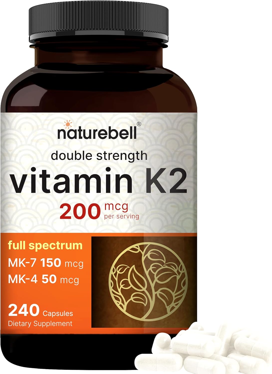 NatureBell Vitamin K2 Supplement with MK-7 & MK-4 200mcg 240 Capsules 2 in 1 Formula