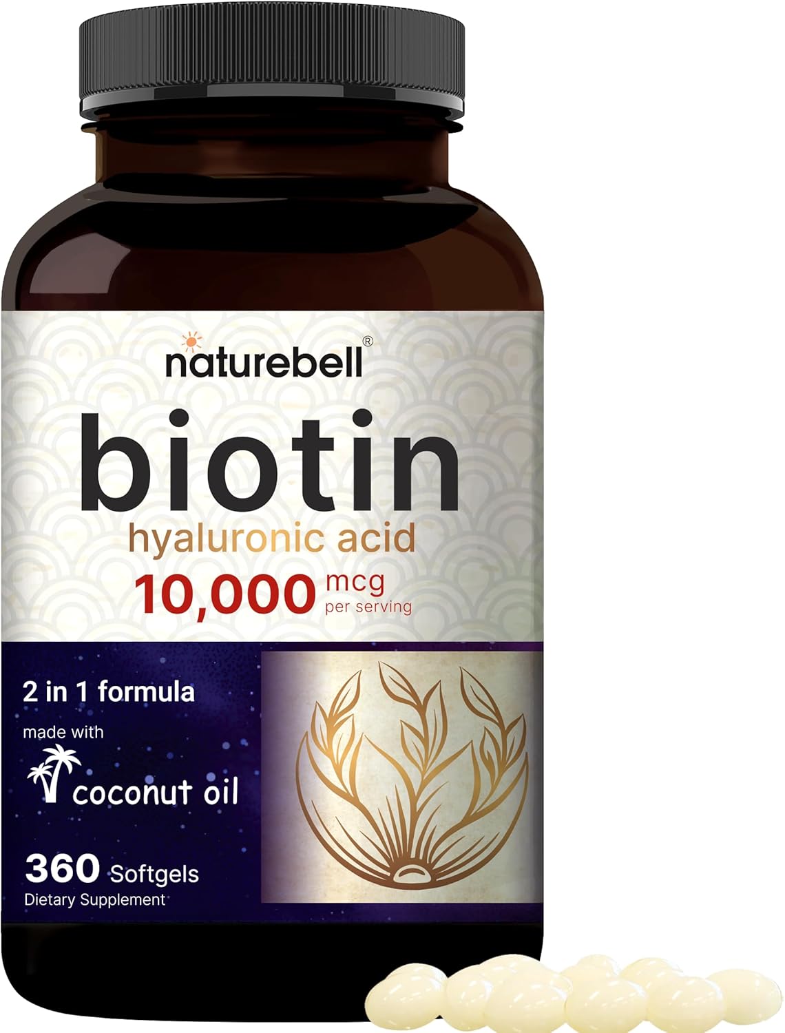 Naturebell Biotin 10000mcg Hyaluronic Acid 25mg 360 Coconut Oil Softgels