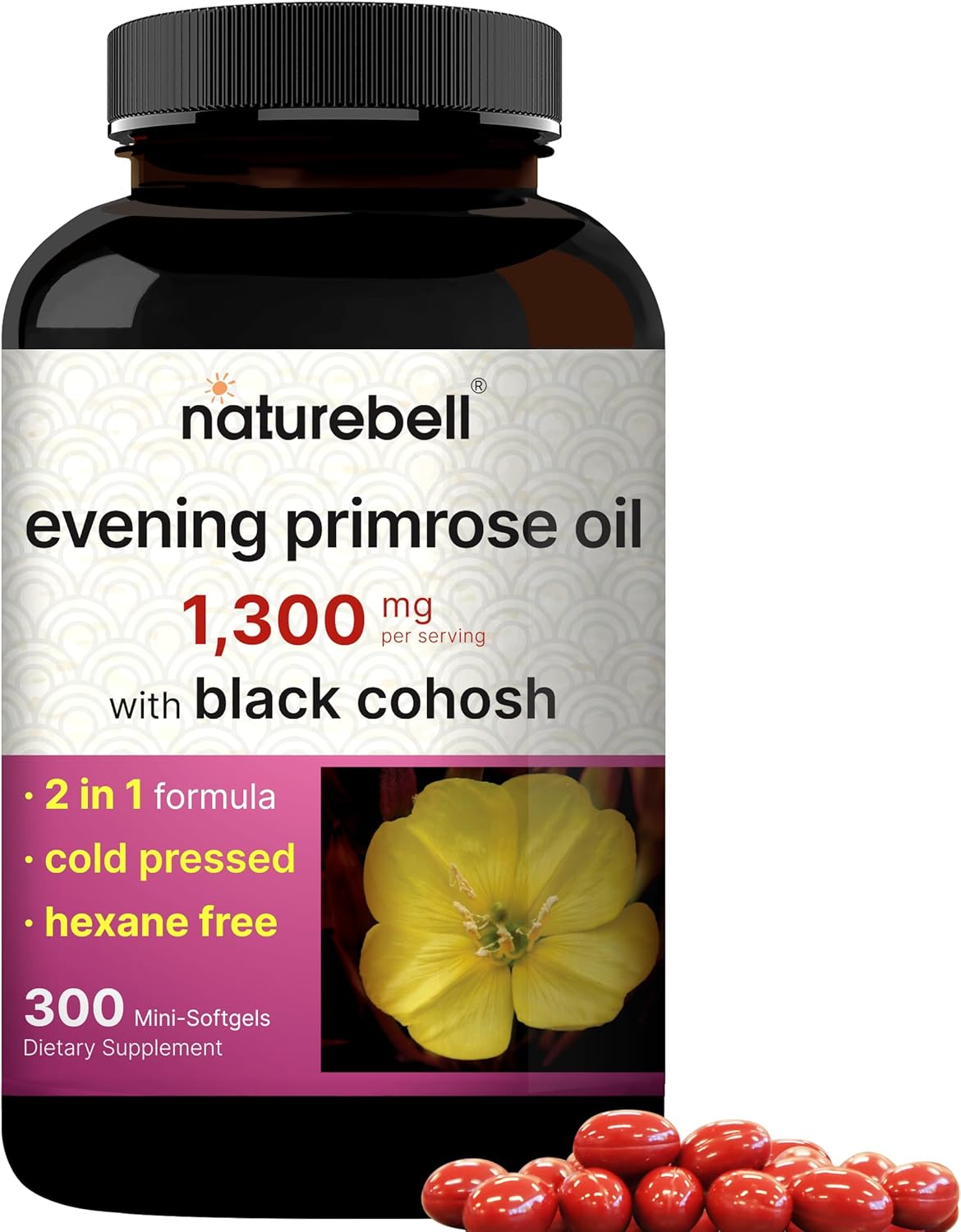 NatureBell Evening Primrose Oil with Black Cohosh 1,300mg Per Serving, 300 Mini Softgels