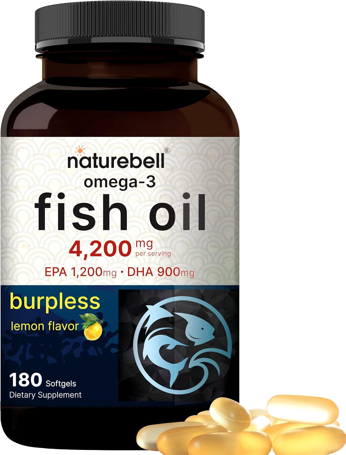 NatureBell Omega 3 Fish Oil Highly Purified EPA 1,200mg & DHA 900mg Lemon Flavored 4,200mg 180 Burpless Softgels