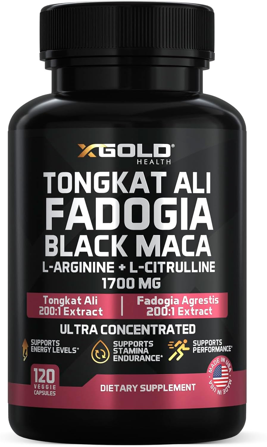 X Gold Health Tongkat Ali Fadogia Black Maca L-Arginine & L-Citrulline 1700mg Men & Women 120 Veggie Capsules