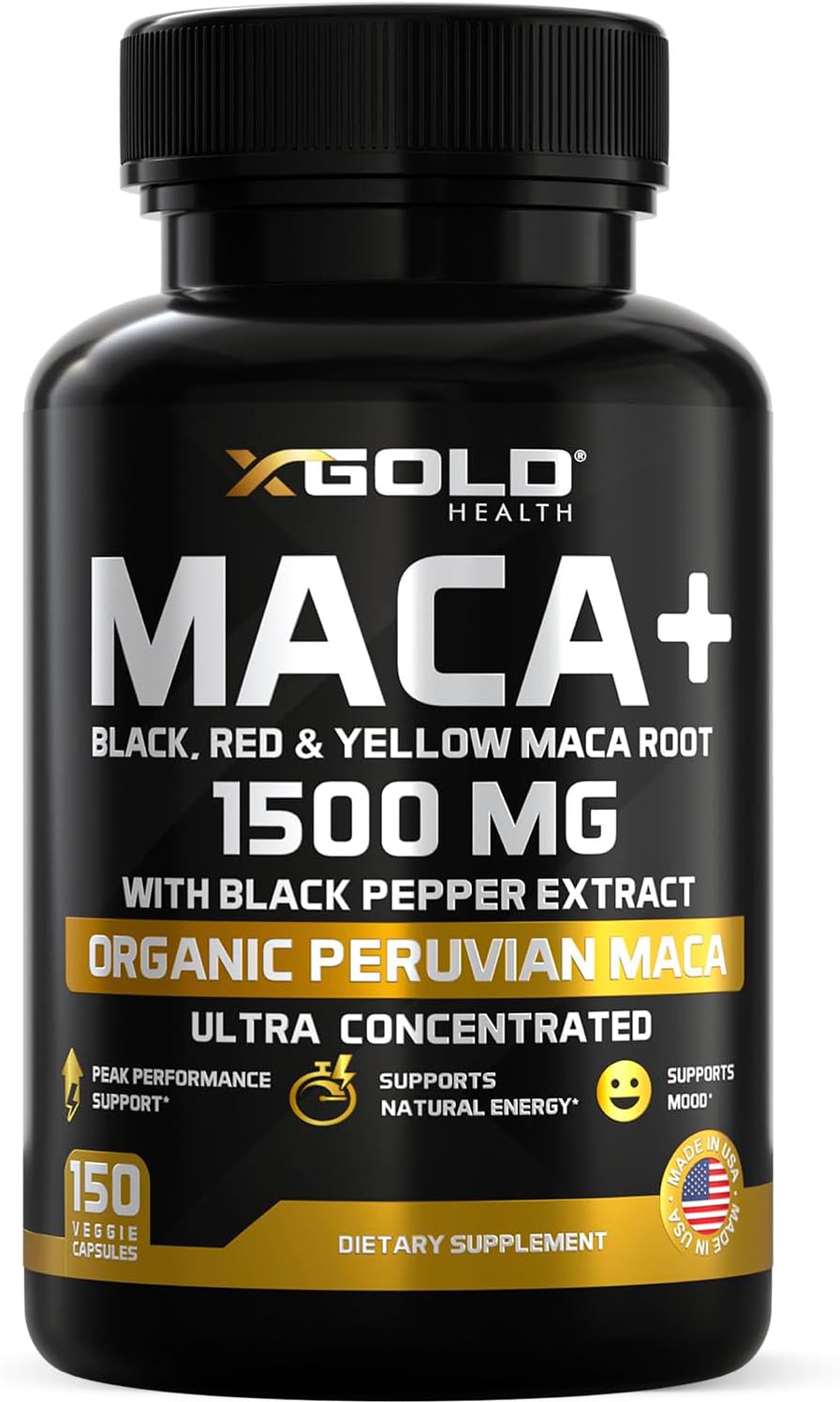 X Gold Health Organic Maca Root Powder Capsules 1500mg with Black Red & Yellow Peruvian Maca Root Extract Gelatinized Energy & Mood Supplement 150 Capsules