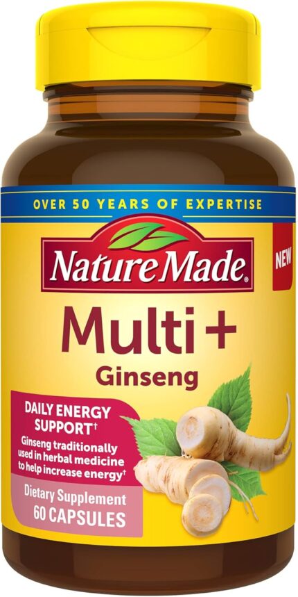Nature Made Multi + Ginseng Daily Energy Multivitamin for Adults One Per Day Vitamin 60 Capsules