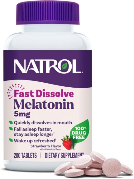 Natrol Melatonin 5mg Fast Dissolve Tablets, Sleep Support Supplements for Adults Strawberry Flavor 200 Tablets Up to 200 Day Supply