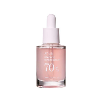 Anua Peach 70% Niacin Serum 30ml bottle with a dropper, showing the lightweight pink liquid for glass skin.