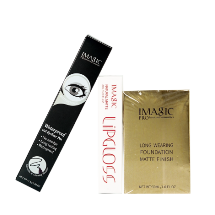 Imagic Long Wearing Foundation Matte Finish - 1393 SOFT IVORY & Imagic Natural Matte Lipgloss - 13 & Imagic Waterproof Gel Eyeliner Pen EY-308 1.5g Combo