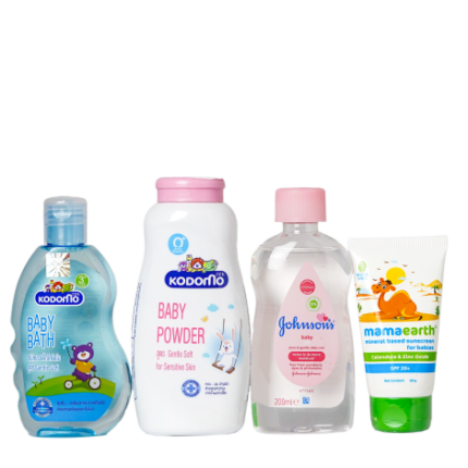Kodomo Gentle Soft Baby Powder 0+ Baby 160g & Johnson's Pure & Gentle Daily Care Baby Oil 200ml & Kodomo Gentle Soft Baby Bath 3+ Baby 200ml & Mamaearth Mineral Based Sunscreen For Babies SPF 20+ 50g Combo