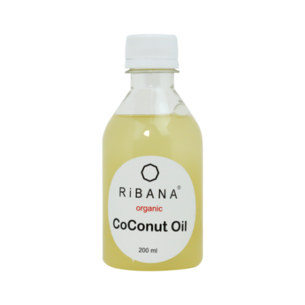 Ribena Organic Cold-Pressed Coconut Oil 200ml glass jar with organic certification logo.