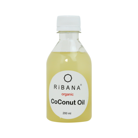 Ribena Organic Cold-Pressed Coconut Oil 200ml glass jar with organic certification logo.