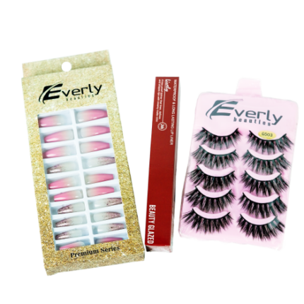 Everly Natural Fake Nails 24pcs - L103 & Beauty Glazed Waterproof & Long Lasting Lip Liner - 104 Mocha Brown & Everly Beauties 5Pair Series False Eyelash - G503 Combo