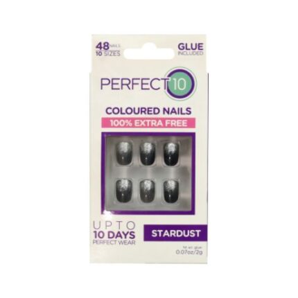 Perfect 10 Stardust False Coloured Nails With Glue Black & Sliver Nails 48 Pices