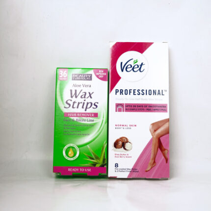Veet Professional Ready To Use Half Body Wax Strips Shea Butter & Acai Berry Scent 8 Wax Strips & Beauty Formulas Aloe Vera Wax Strips x 36 - Face & Bikini Line Hair Removal Combo