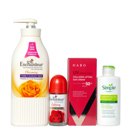 Enchanteur Charming Perfumed Lotion 400ml & Simple Kind To Skin Replenishing Rich Moisturiser 125 ml & Enchanteur Enticing Perfumed Deo Roll-on 50ml & Dabo UV Protection Collagen Lifting Sun Cream SPF 50+ PA 70ml combo